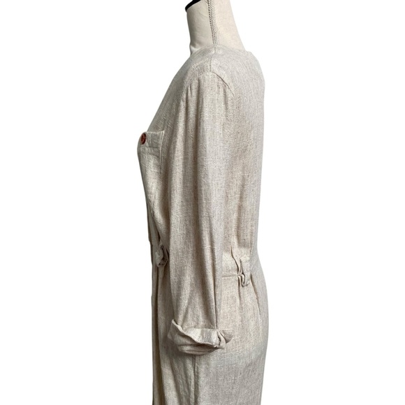 Peri Petites Flax Blend Button Front Midi Dress Beige Linen Look Made in USA M - Picture 9 of 15